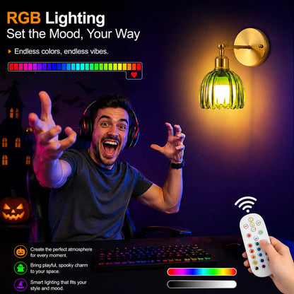 2-Pack Wireless Easy to Install Wall Sconces with Green Glass Shade Battery-Powered, Hardwired Indoor Wall Light Fixtures, Rechargeable RGB Magnetic Bulbs with Remote Control, 3 Temperatures for Living Room, Bedroom, Hallway, Dining Room