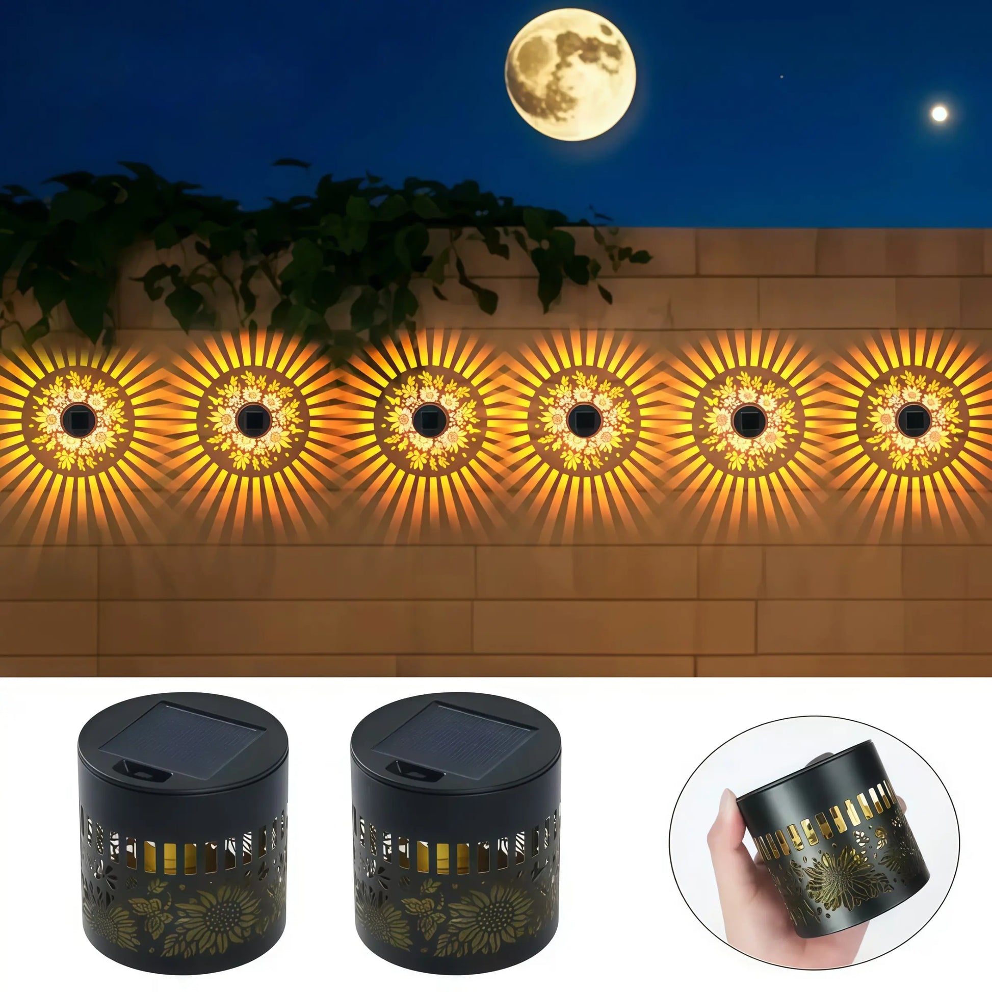 Solar Powered Outdoor Wall Lights, Warm Color Retro Hollow Design, LED Sunflower Shadow Lamp for Garden, Patio, Stairs, Christmas Decorations, Outdoor Pathway Light