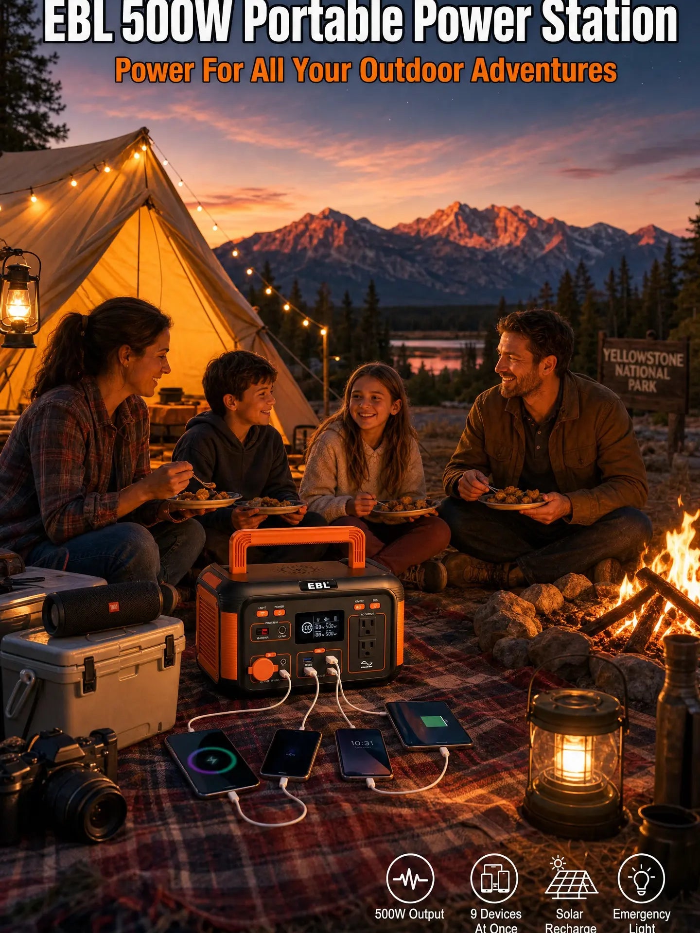 EBL 500W Portable Power Station, 444Wh Solar Generator for Outdoor Camping, RV Trip, Home Blackout Emergency Backup, 100% Pure Sine Wave Mobile Lithium Battery Pack (Solar Panel Optional)