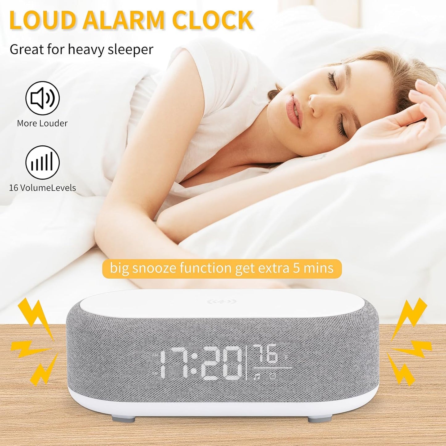 4-in-1 Alarm Clock with Wireless Charging, Speaker, Night Light, and Temperature Display – Personalized Sleep-Wake Routine for Heavy Sleepers (Gray)