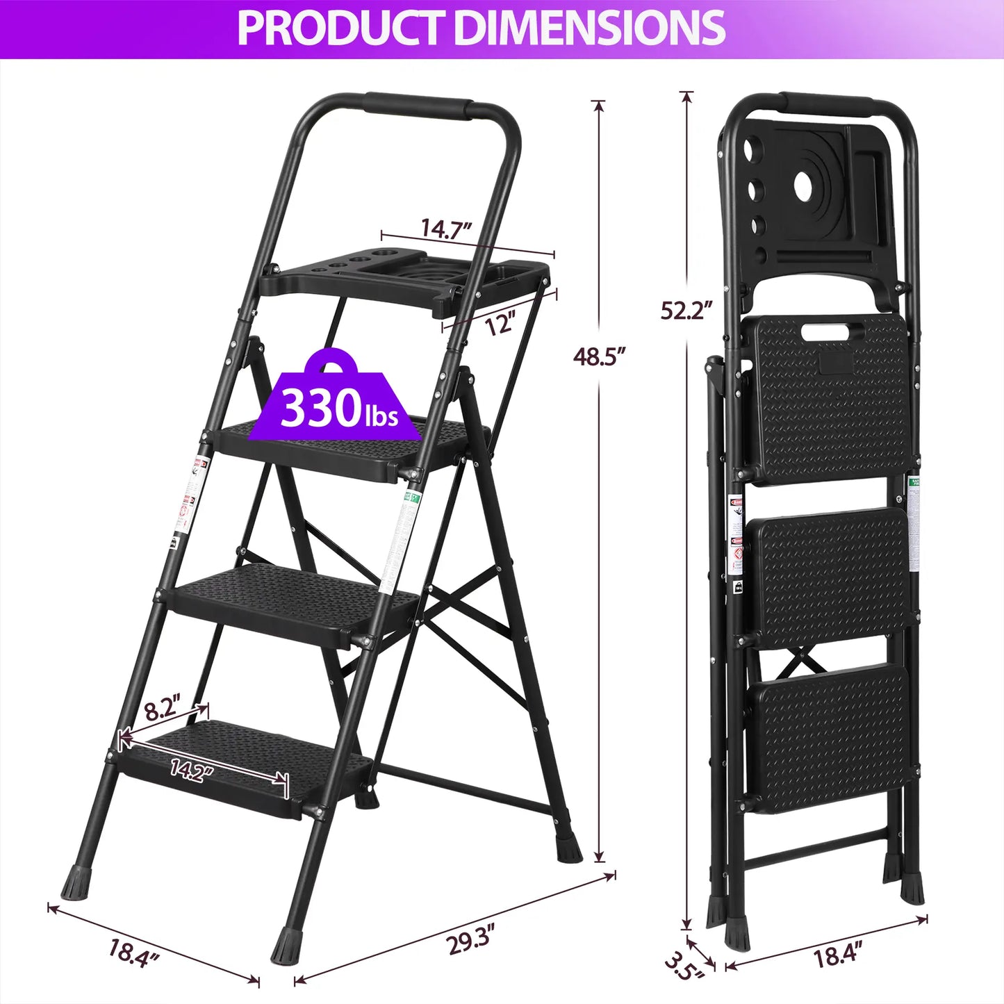 5 Step Ladder Folding Steel Step Stoo W/Non-Slip Wide Pedal and Tool Tray
