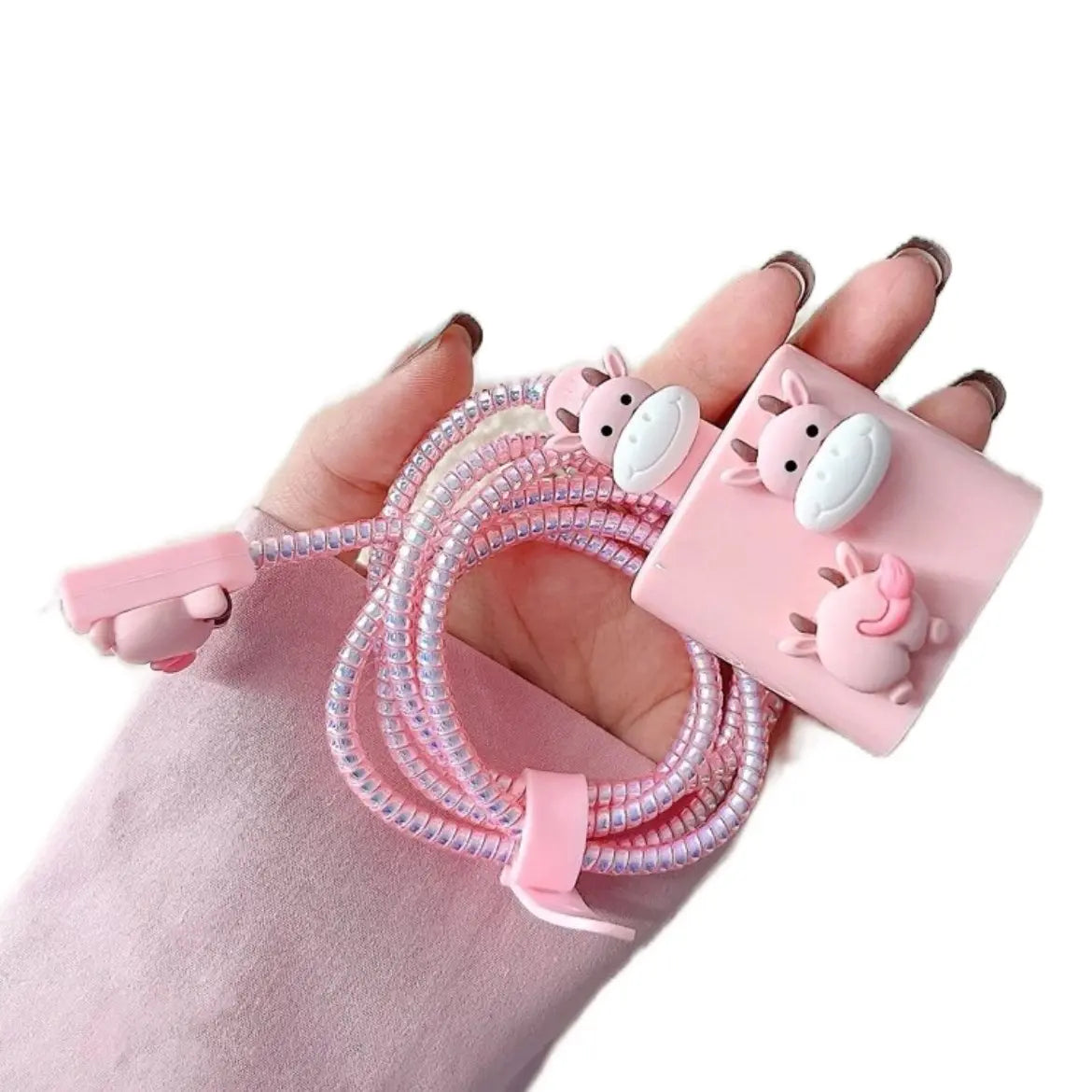 5 PCS Cute Pink Cow Decor Data Cable & Charger Head Protector Set for Electronics Durable Charging Protection