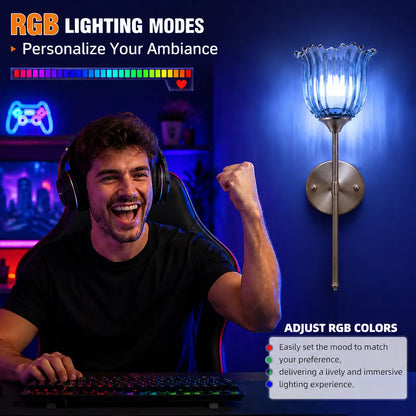 2-Pack Wireless Easy to Install Wall Sconces with Green Glass Shade Battery-Powered, Hardwired Indoor Wall Light Fixtures, Rechargeable RGB Magnetic Bulbs with Remote Control, 3 Temperatures for Living Room, Bedroom, Hallway, Dining Room