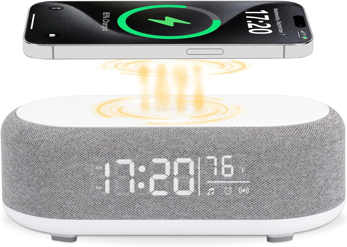 4-in-1 Alarm Clock with Wireless Charging, Speaker, Night Light, and Temperature Display – Personalized Sleep-Wake Routine for Heavy Sleepers (Gray)