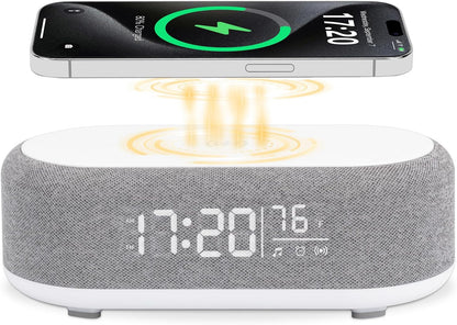4-in-1 Alarm Clock with Wireless Charging, Speaker, Night Light, and Temperature Display – Personalized Sleep-Wake Routine for Heavy Sleepers (Gray)