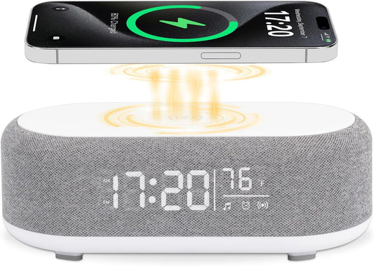 4-in-1 Alarm Clock with Wireless Charging, Speaker, Night Light, and Temperature Display – Personalized Sleep-Wake Routine for Heavy Sleepers (Gray)