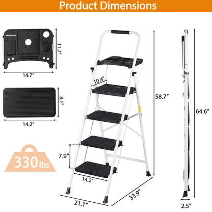 5 Step Ladder Folding Steel Step Stoo W/Non-Slip Wide Pedal and Tool Tray