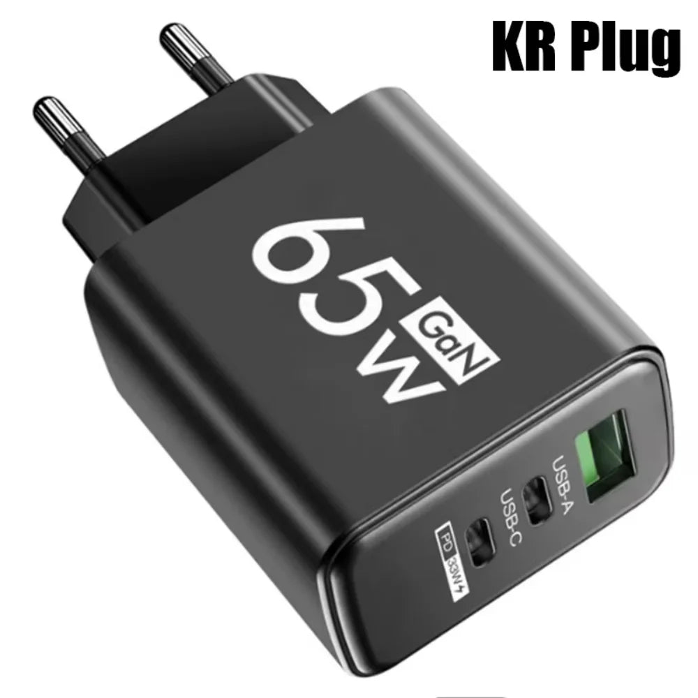 Power Up Anywhere! ⚡️ 65W Gan USB C Fast Charger - 3-in-1 Multi-Port Quick Charge for iPhone, Samsung, Xiaomi & More! 🌍🔌 #TravelCharger #FastCharging
