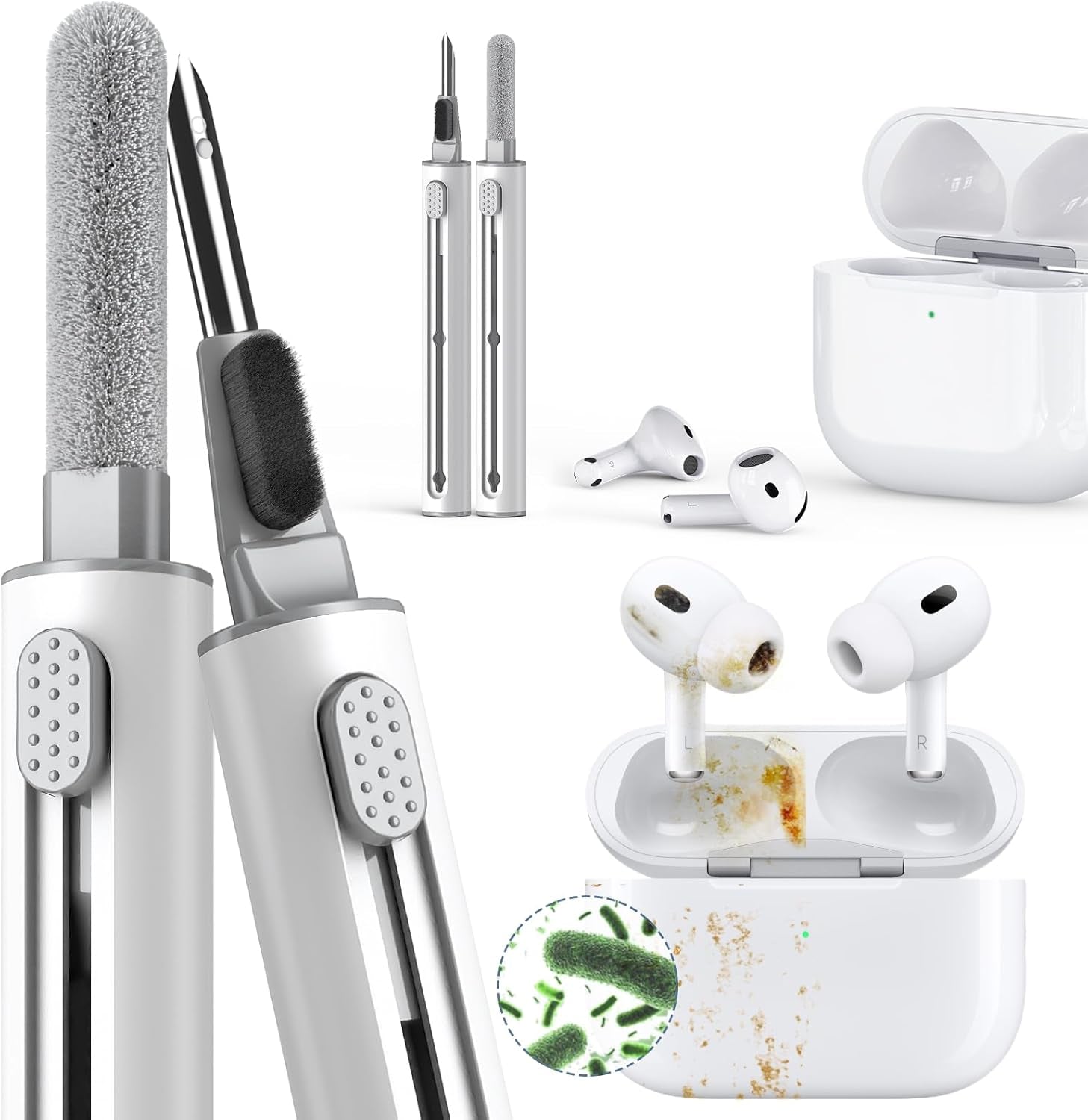 Cleaner Kit for Airpods Pro 3 2 1 Series,Multi-Function Cleaning Pen Tool for Earbuds Headphone Iphone Camera Electronic Devices,With Soft Brush Flocking Sponge -White