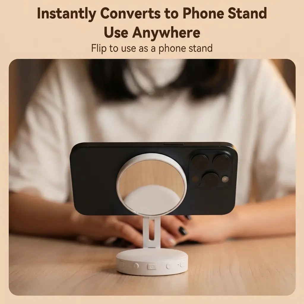 Summervibes 4-In-1 Magnetic Selfie Light, 360° Full-Ring LED Light with No Dead Angles, 3 Light Modes with Adjustable Brightness, Rechargeable & Portable with Built-In Phone Stand, On-The-Go Essential for Makeup & Selfies