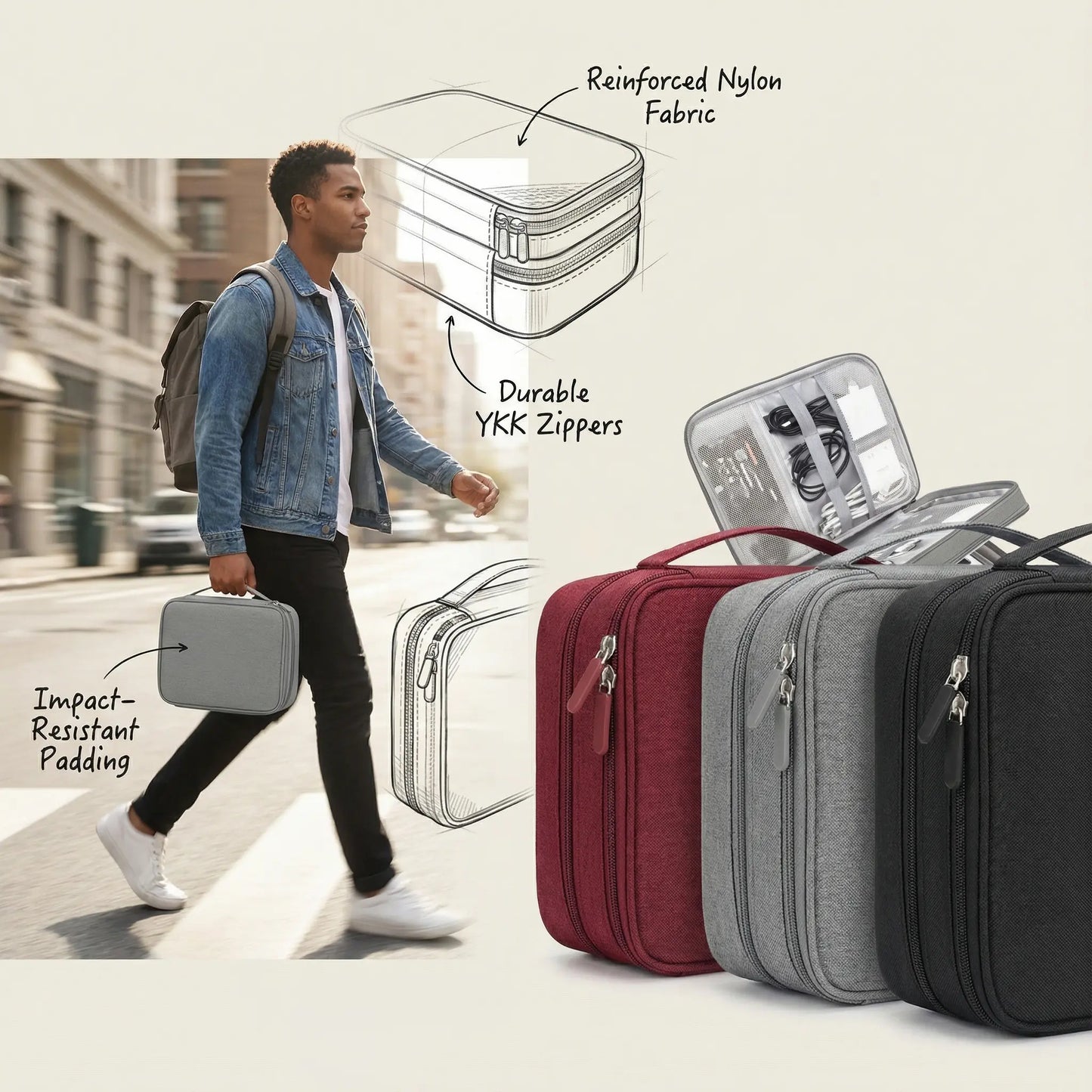 3 Layer Electronics Storage Bag Travel Cable Accessories Bag Waterproof Double Layer Organizer Portable Case for Cables Cord Charger Phone Adapter Power Bank Kindle Hard Drives Durable Pouch Easy to Carry