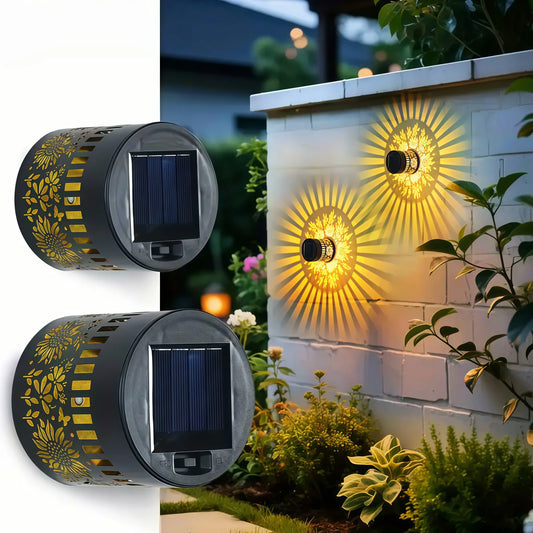 Solar Powered Outdoor Wall Lights, Warm Color Retro Hollow Design, LED Sunflower Shadow Lamp for Garden, Patio, Stairs, Christmas Decorations, Outdoor Pathway Light