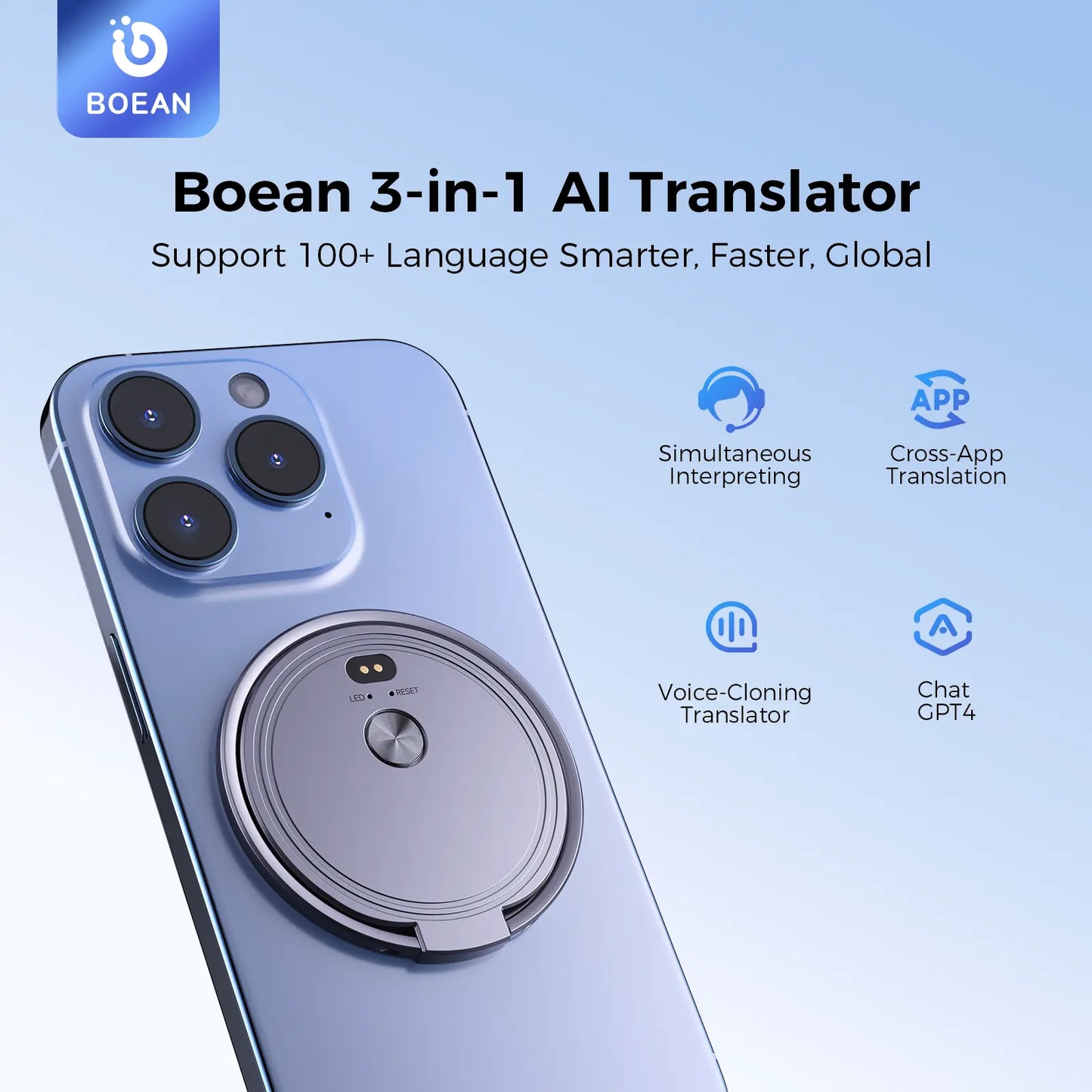 Boean 3-In-1 Portable Al Voice Translator-Support 100+ Language Smarter, Real-Time Translation, Cross-App Translation, Phone Holder, Cross App Translation, Audio Recording, GPT-5
