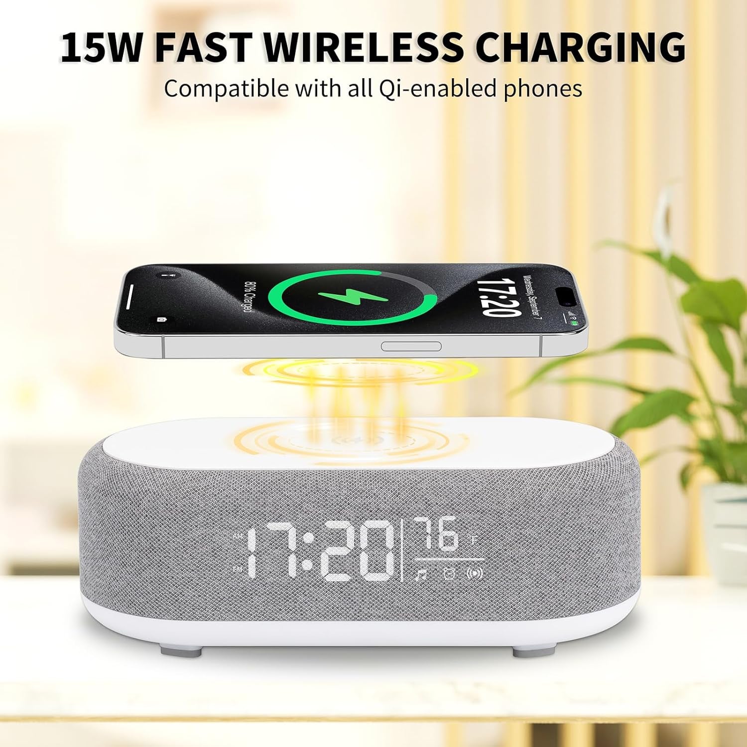 4-in-1 Alarm Clock with Wireless Charging, Speaker, Night Light, and Temperature Display – Personalized Sleep-Wake Routine for Heavy Sleepers (Gray)
