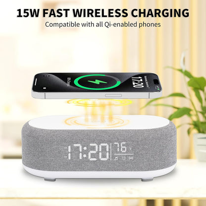 4-in-1 Alarm Clock with Wireless Charging, Speaker, Night Light, and Temperature Display – Personalized Sleep-Wake Routine for Heavy Sleepers (Gray)