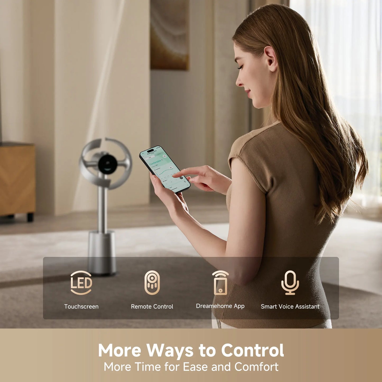 DREAME MF10 Bladeless Tower Fan for Bedroom, Smart Standing Fan with 270° Spatial Airflow for Whole-Room Circulation, 59Ft/S High Velocity, 10 Speeds 3 Modes, Temperature-Adaptive Airflow, Mf10-Beige