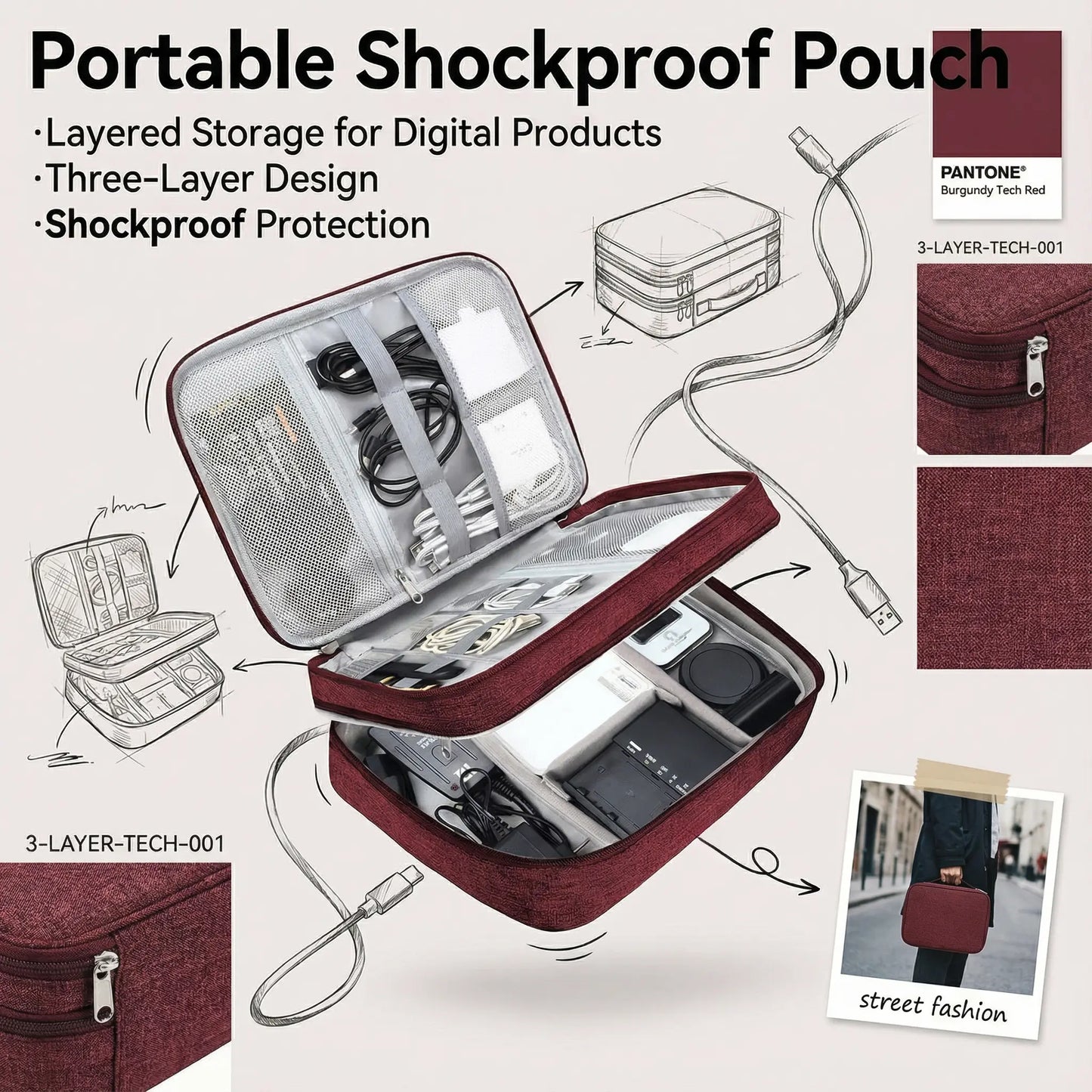 3 Layer Electronics Storage Bag Travel Cable Accessories Bag Waterproof Double Layer Organizer Portable Case for Cables Cord Charger Phone Adapter Power Bank Kindle Hard Drives Durable Pouch Easy to Carry