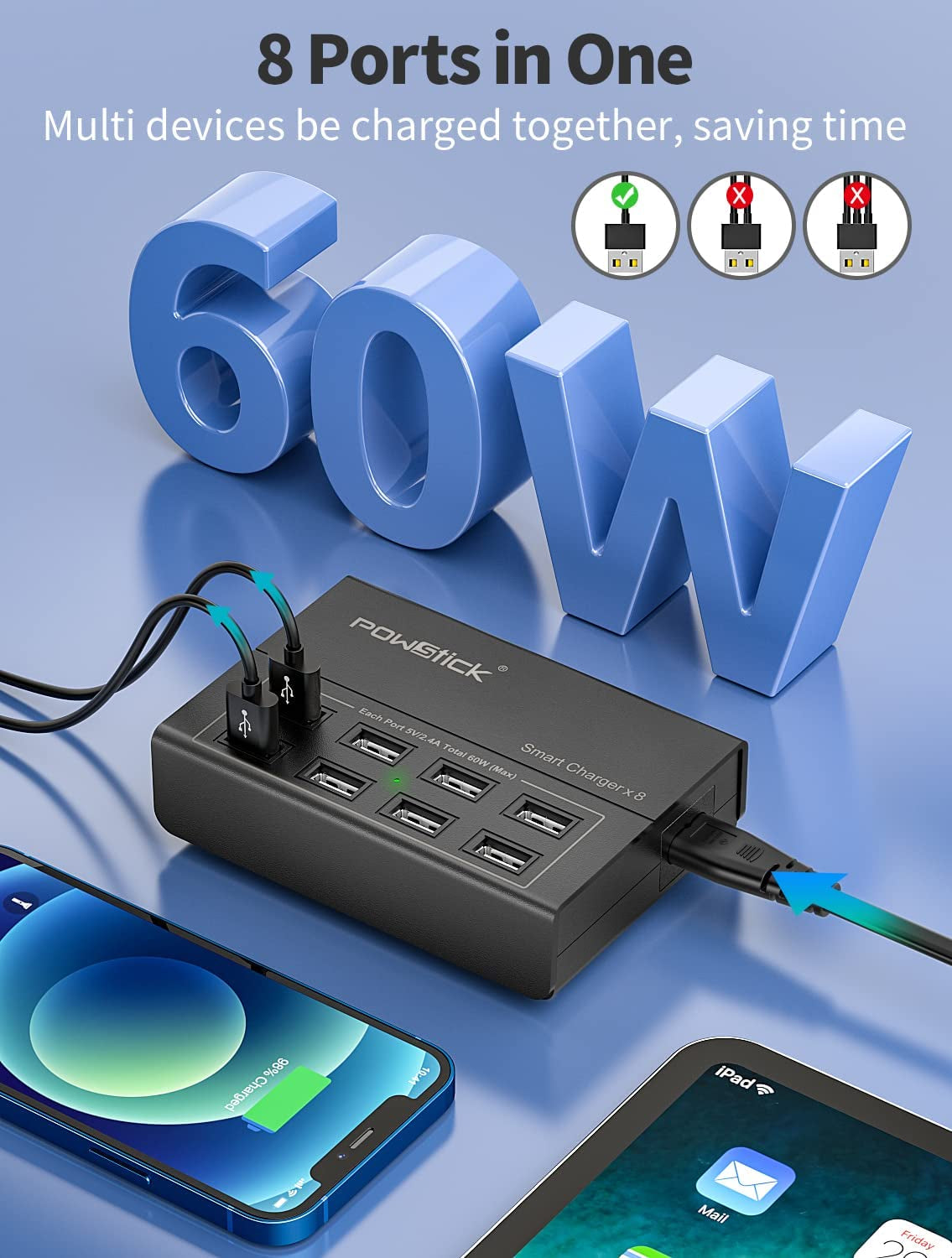 8-Port USB Charging Station with 3 Cables - Ideal for Phones, Tablets, and More