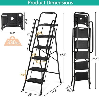 5 Step Ladder Folding Steel Step Stoo W/Non-Slip Wide Pedal and Tool Tray