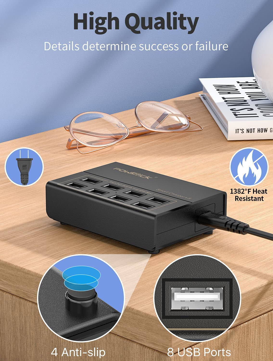 8-Port USB Charging Station with 3 Cables - Ideal for Phones, Tablets, and More