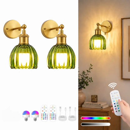 2-Pack Wireless Easy to Install Wall Sconces with Green Glass Shade Battery-Powered, Hardwired Indoor Wall Light Fixtures, Rechargeable RGB Magnetic Bulbs with Remote Control, 3 Temperatures for Living Room, Bedroom, Hallway, Dining Room