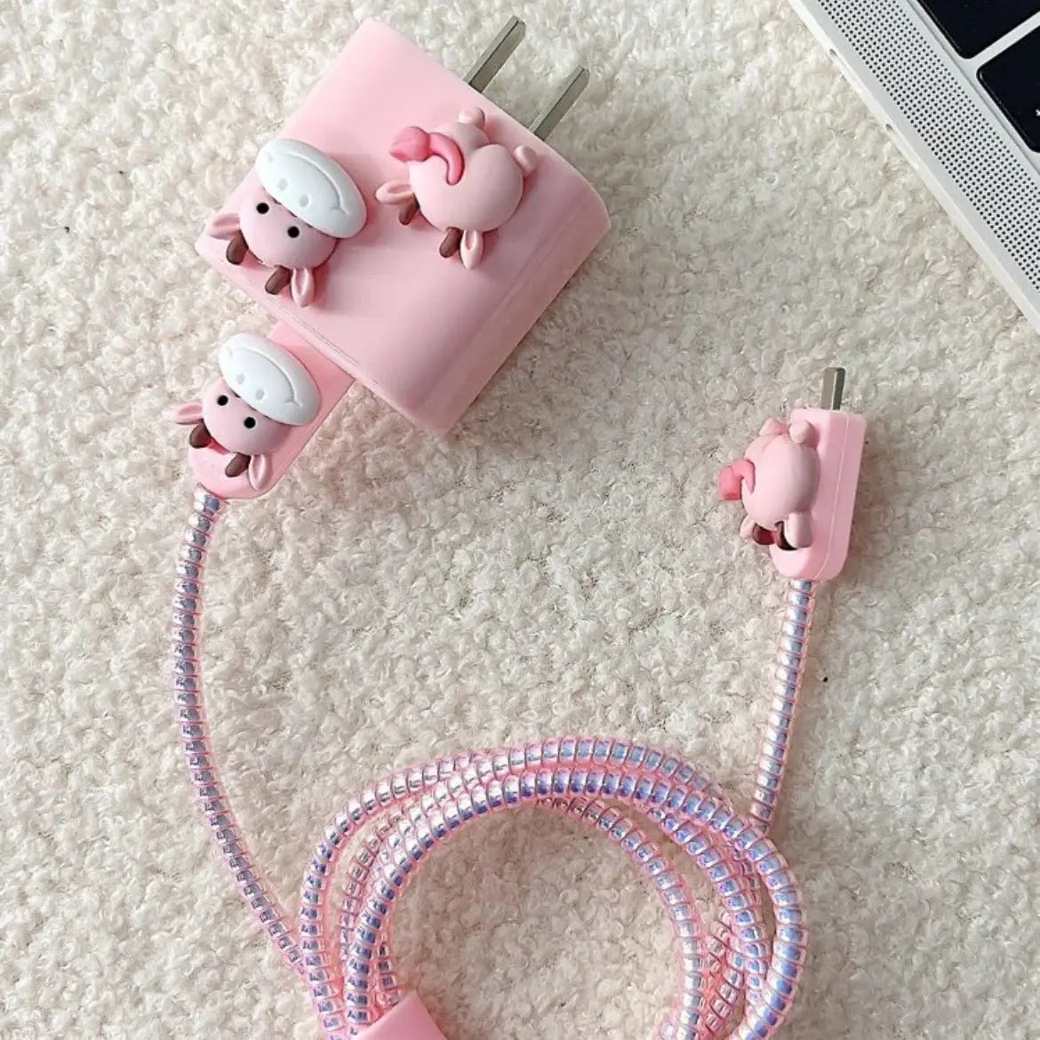 5 PCS Cute Pink Cow Decor Data Cable & Charger Head Protector Set for Electronics Durable Charging Protection