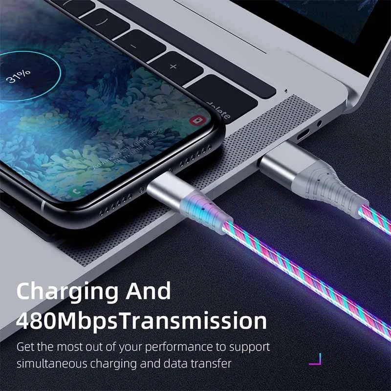 Fast Charging Data Cord Flow Luminous USB Type C Cable 5A Fast Charging Cable Glowing LED Cable for Samsung Xiaomi Iphone Micro