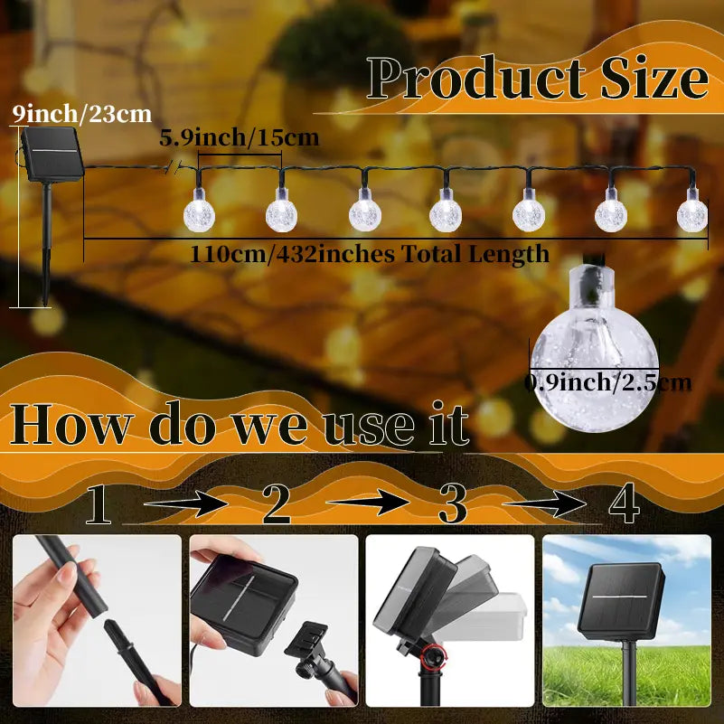 Solar String Lights with 8 Flashing Modes and 120 LED Bubble Bulbs, Modern Plastic Design, Switch Controlled for Garden, Mother's Day, Weddings, Birthdays, and Holiday Decorations