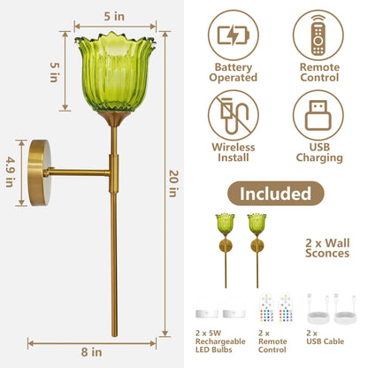 2-Pack Wireless Easy to Install Wall Sconces with Green Glass Shade Battery-Powered, Hardwired Indoor Wall Light Fixtures, Rechargeable RGB Magnetic Bulbs with Remote Control, 3 Temperatures for Living Room, Bedroom, Hallway, Dining Room