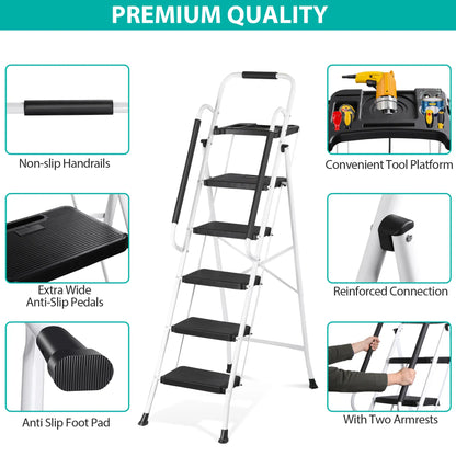 5 Step Ladder Folding Steel Step Stoo W/Non-Slip Wide Pedal and Tool Tray