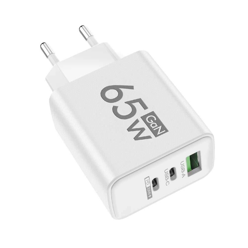 Power Up Anywhere! ⚡️ 65W Gan USB C Fast Charger - 3-in-1 Multi-Port Quick Charge for iPhone, Samsung, Xiaomi & More! 🌍🔌 #TravelCharger #FastCharging