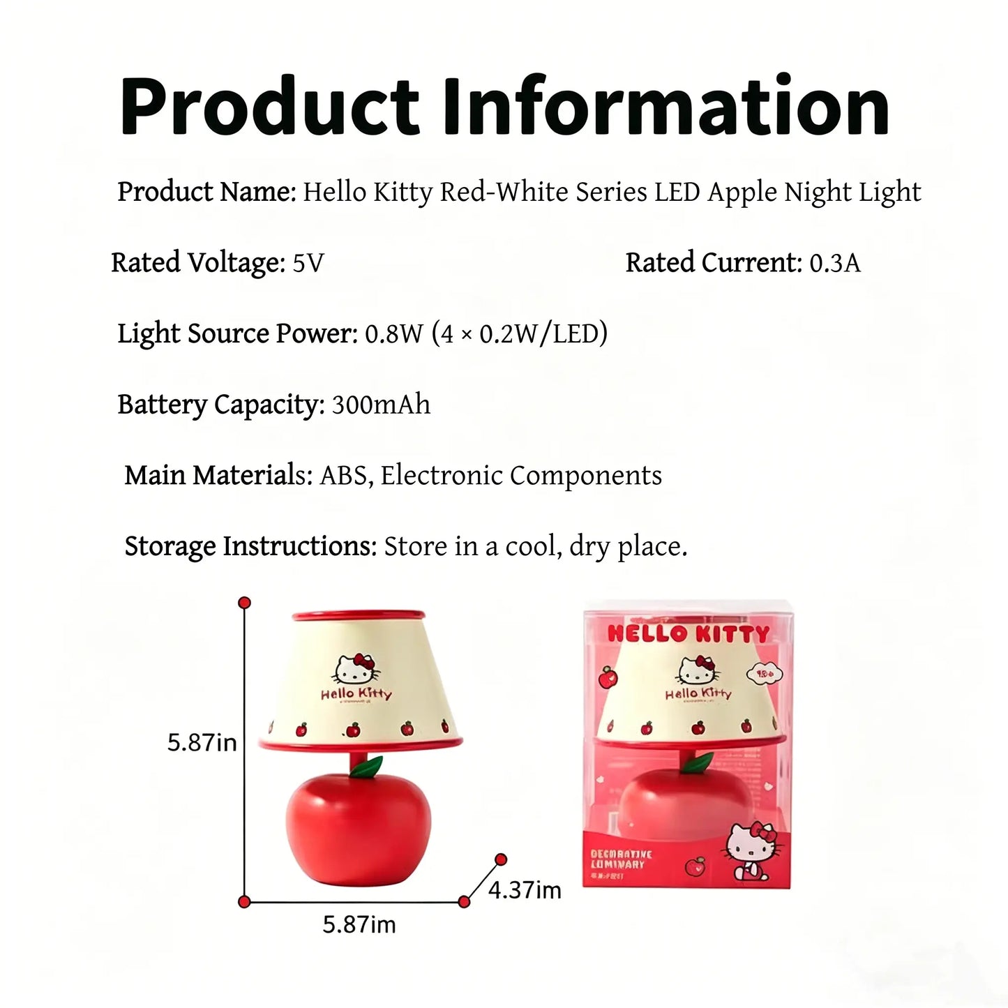 MINISO Hello Kitty Red & White Series LED Apple Night Light, HK Sweet Style LED Bedside Lamp, Cute Creative Bedside Lamp & Decorative Gift for Girls,#Summervibes