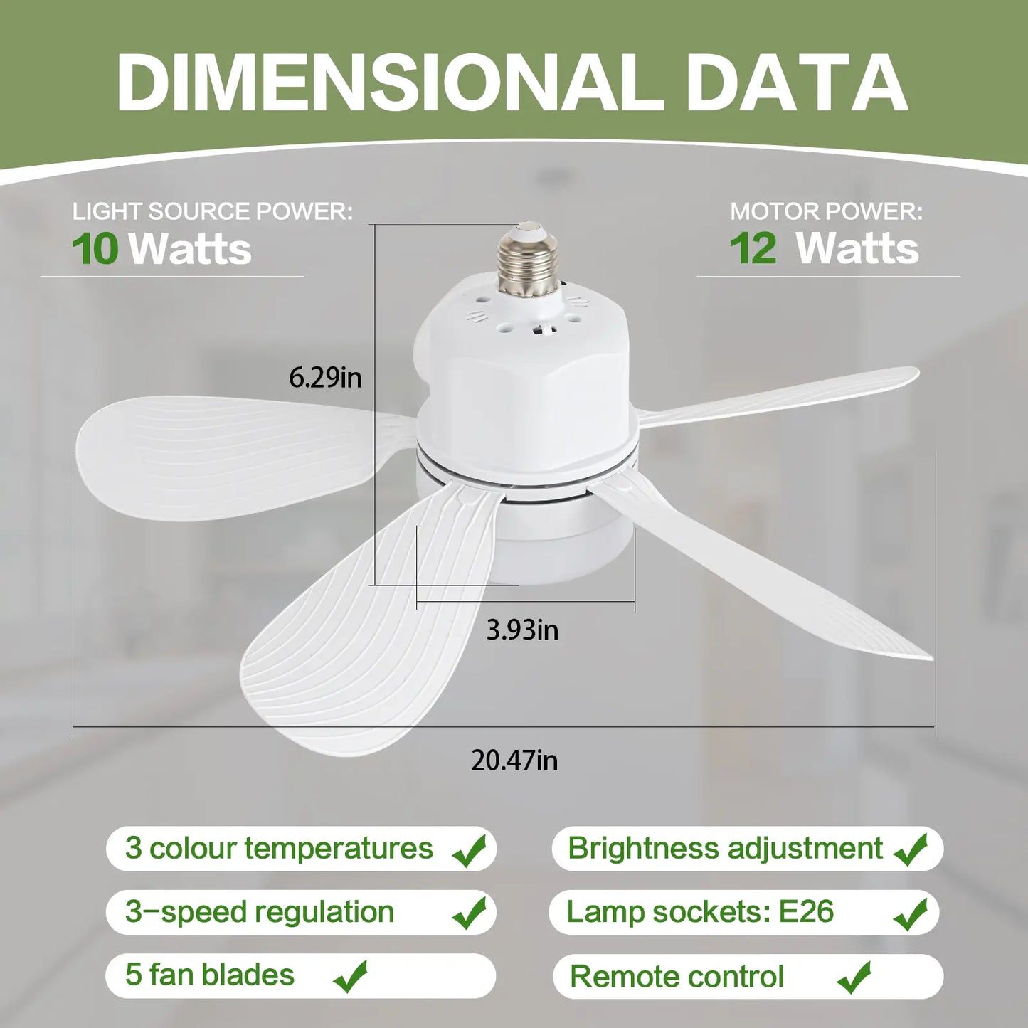 ASALL Remote-Controlled Socket Fan Light - Portable Ceiling Fan with Dimming Function, 1000 Lumens, Compatible with E26/E27 for Kitchen, Bedroom, and Living Room