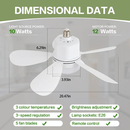 ASALL Remote-Controlled Socket Fan Light - Portable Ceiling Fan with Dimming Function, 1000 Lumens, Compatible with E26/E27 for Kitchen, Bedroom, and Living Room