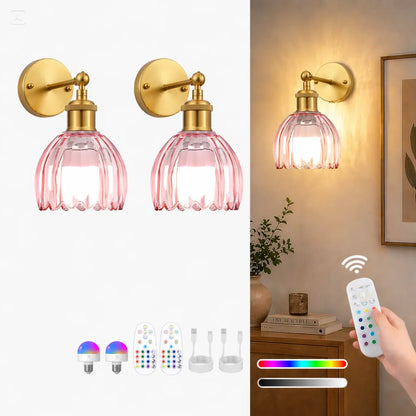 2-Pack Wireless Easy to Install Wall Sconces with Green Glass Shade Battery-Powered, Hardwired Indoor Wall Light Fixtures, Rechargeable RGB Magnetic Bulbs with Remote Control, 3 Temperatures for Living Room, Bedroom, Hallway, Dining Room
