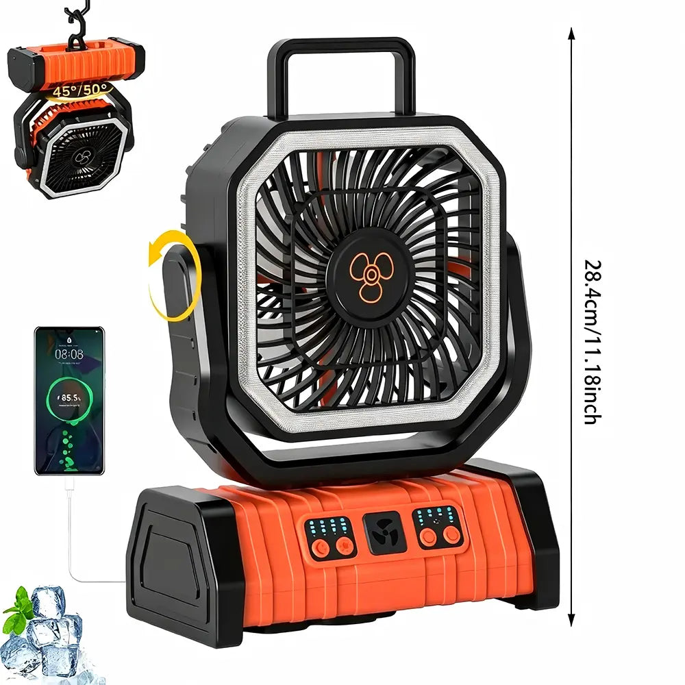 20,000 mAh Rechargeable Camping Fan with LED Light, Dual Motors, 4 Speed Settings, Remote Control, Hook, and Power Bank - Portable Solution for Emergencies and Outdoor Activities