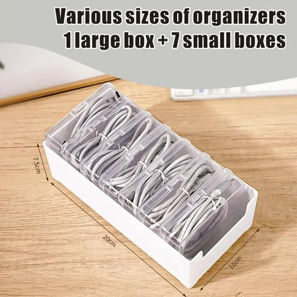 Homenhome 8-Pack Polypropylene Storage Organizer Box Set - 7-In-1 Compact Transparent Plastic Boxes (20X10X7.5Cm) for Tangle-Free Cord Management, Desk Tidy in Home & Office