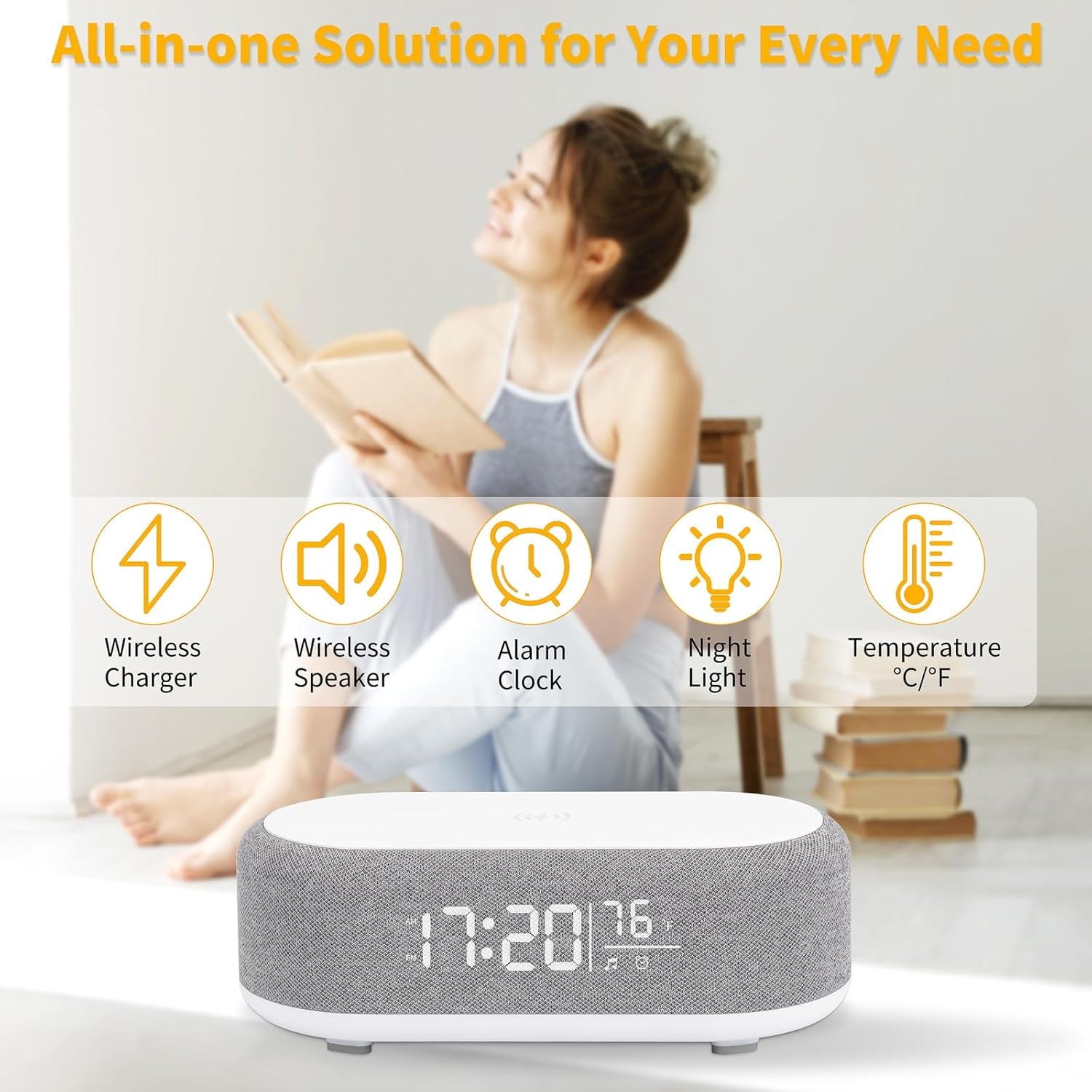 4-in-1 Alarm Clock with Wireless Charging, Speaker, Night Light, and Temperature Display – Personalized Sleep-Wake Routine for Heavy Sleepers (Gray)