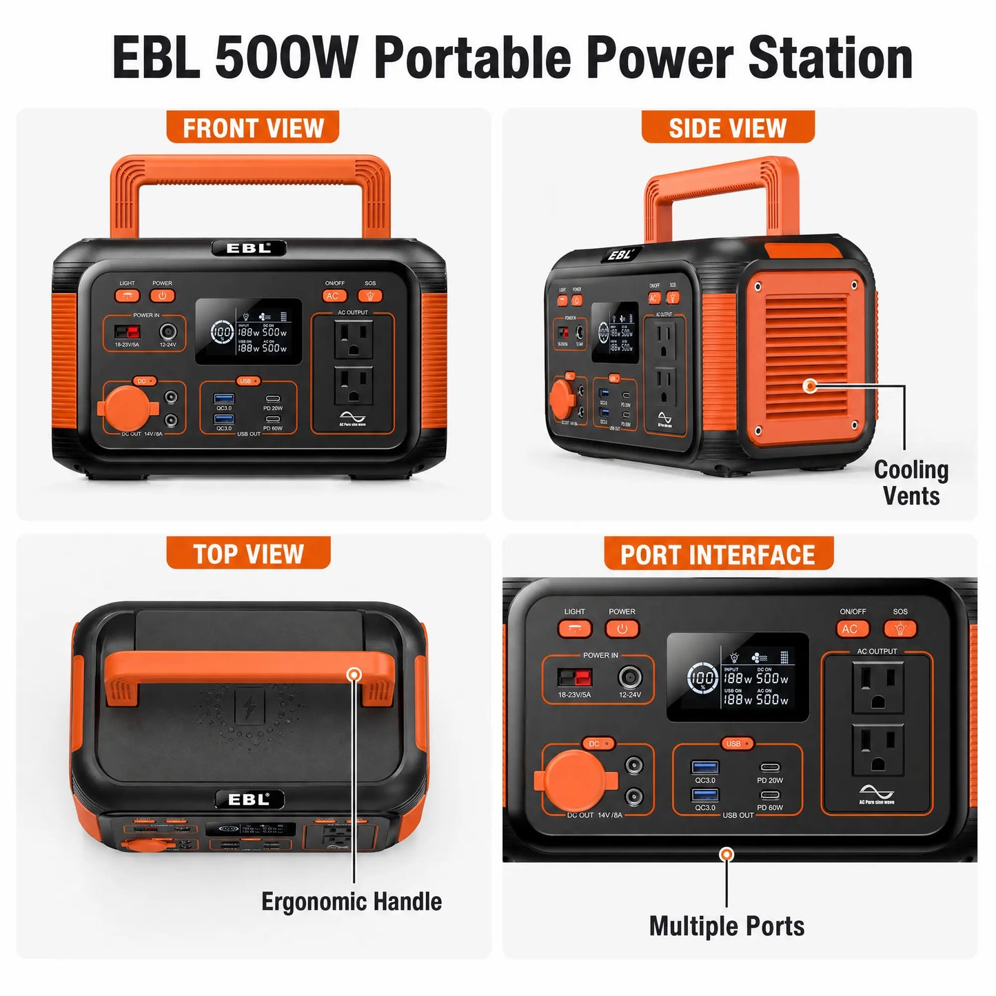 EBL 500W Portable Power Station, 444Wh Solar Generator for Outdoor Camping, RV Trip, Home Blackout Emergency Backup, 100% Pure Sine Wave Mobile Lithium Battery Pack (Solar Panel Optional)