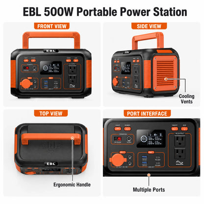 EBL 500W Portable Power Station, 444Wh Solar Generator for Outdoor Camping, RV Trip, Home Blackout Emergency Backup, 100% Pure Sine Wave Mobile Lithium Battery Pack (Solar Panel Optional)