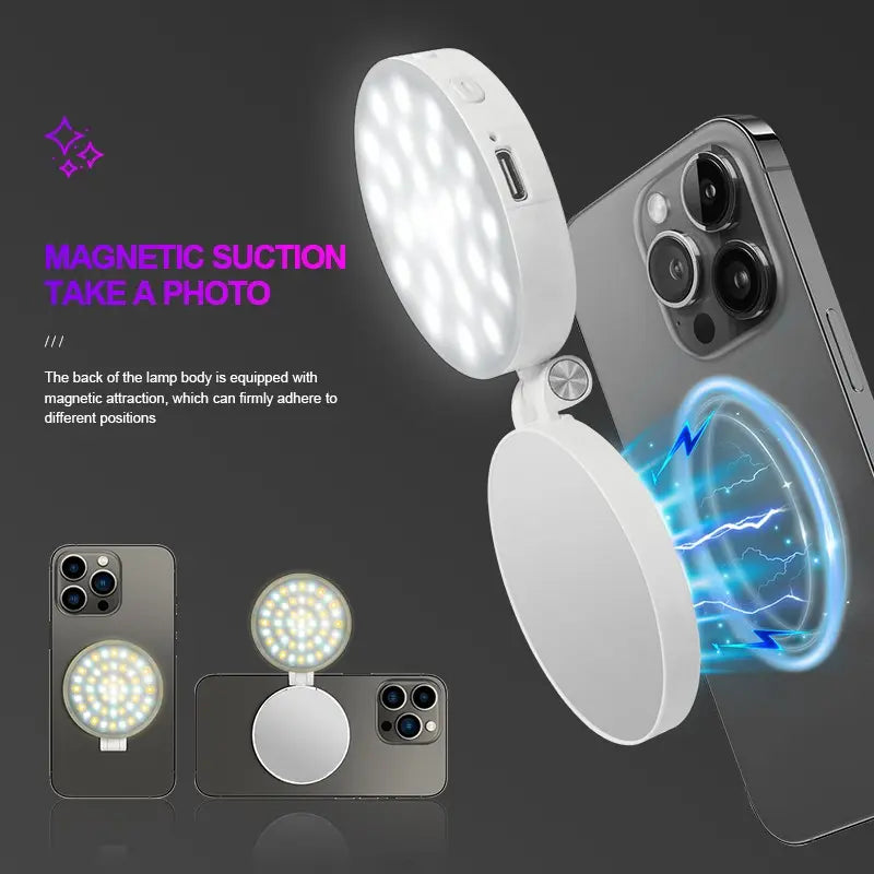 Summervibes 4-In-1 Magnetic Selfie Light, 360° Full-Ring LED Light with No Dead Angles, 3 Light Modes with Adjustable Brightness, Rechargeable & Portable with Built-In Phone Stand, On-The-Go Essential for Makeup & Selfies