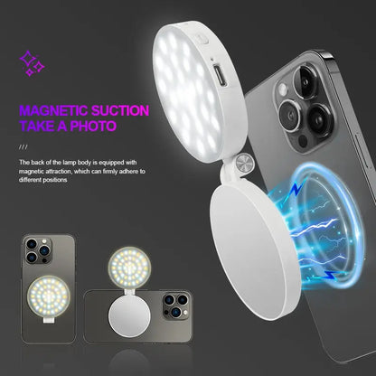 Summervibes 4-In-1 Magnetic Selfie Light, 360° Full-Ring LED Light with No Dead Angles, 3 Light Modes with Adjustable Brightness, Rechargeable & Portable with Built-In Phone Stand, On-The-Go Essential for Makeup & Selfies