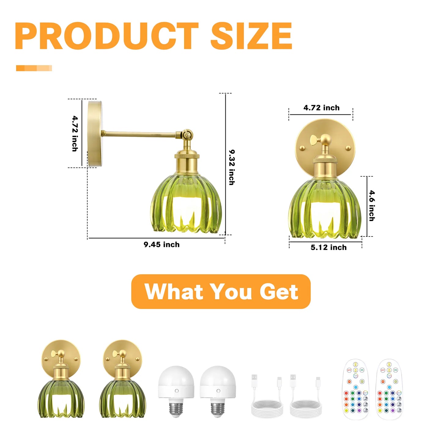 2-Pack Wireless Easy to Install Wall Sconces with Green Glass Shade Battery-Powered, Hardwired Indoor Wall Light Fixtures, Rechargeable RGB Magnetic Bulbs with Remote Control, 3 Temperatures for Living Room, Bedroom, Hallway, Dining Room