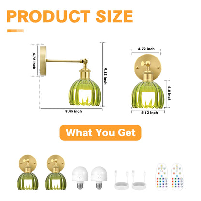 2-Pack Wireless Easy to Install Wall Sconces with Green Glass Shade Battery-Powered, Hardwired Indoor Wall Light Fixtures, Rechargeable RGB Magnetic Bulbs with Remote Control, 3 Temperatures for Living Room, Bedroom, Hallway, Dining Room