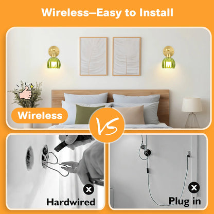 2-Pack Wireless Easy to Install Wall Sconces with Green Glass Shade Battery-Powered, Hardwired Indoor Wall Light Fixtures, Rechargeable RGB Magnetic Bulbs with Remote Control, 3 Temperatures for Living Room, Bedroom, Hallway, Dining Room