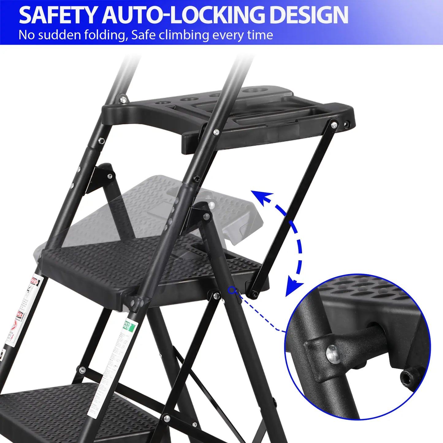 5 Step Ladder Folding Steel Step Stoo W/Non-Slip Wide Pedal and Tool Tray