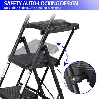 5 Step Ladder Folding Steel Step Stoo W/Non-Slip Wide Pedal and Tool Tray