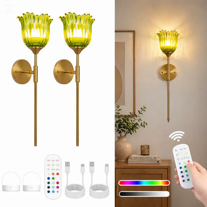 2-Pack Wireless Easy to Install Wall Sconces with Green Glass Shade Battery-Powered, Hardwired Indoor Wall Light Fixtures, Rechargeable RGB Magnetic Bulbs with Remote Control, 3 Temperatures for Living Room, Bedroom, Hallway, Dining Room