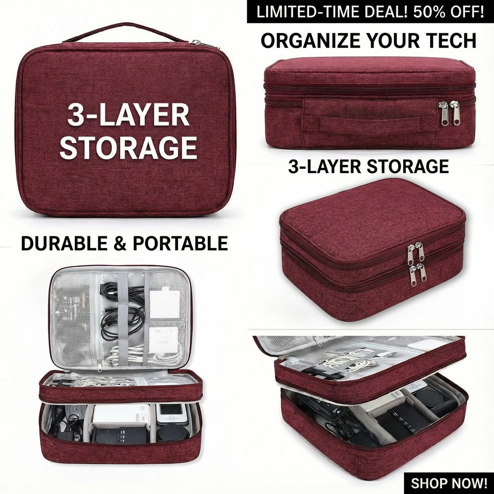 3 Layer Electronics Storage Bag Travel Cable Accessories Bag Waterproof Double Layer Organizer Portable Case for Cables Cord Charger Phone Adapter Power Bank Kindle Hard Drives Durable Pouch Easy to Carry