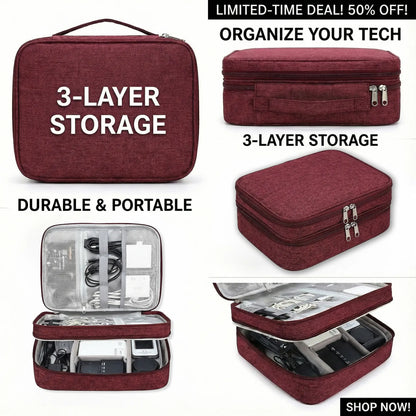 3 Layer Electronics Storage Bag Travel Cable Accessories Bag Waterproof Double Layer Organizer Portable Case for Cables Cord Charger Phone Adapter Power Bank Kindle Hard Drives Durable Pouch Easy to Carry